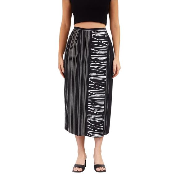 1990s Vintage Wrap Midi Skirt Abstract Striped Print Size Small Black Off White - Picture 1 of 9